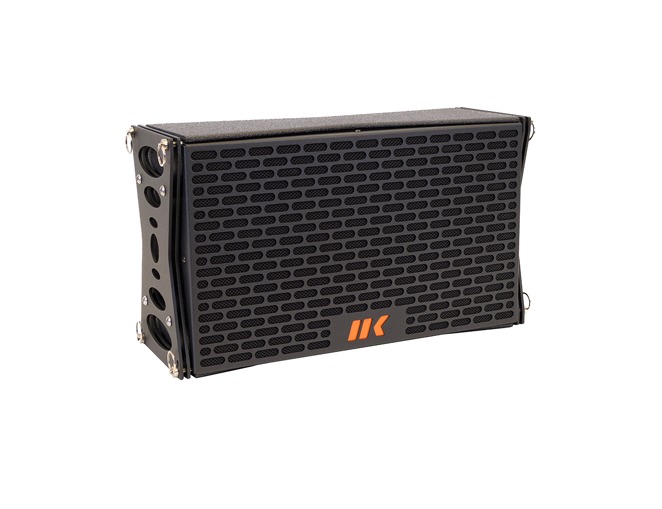 MAK10 satélite line array Coluna portátil preta com grelha e logo laranja IK