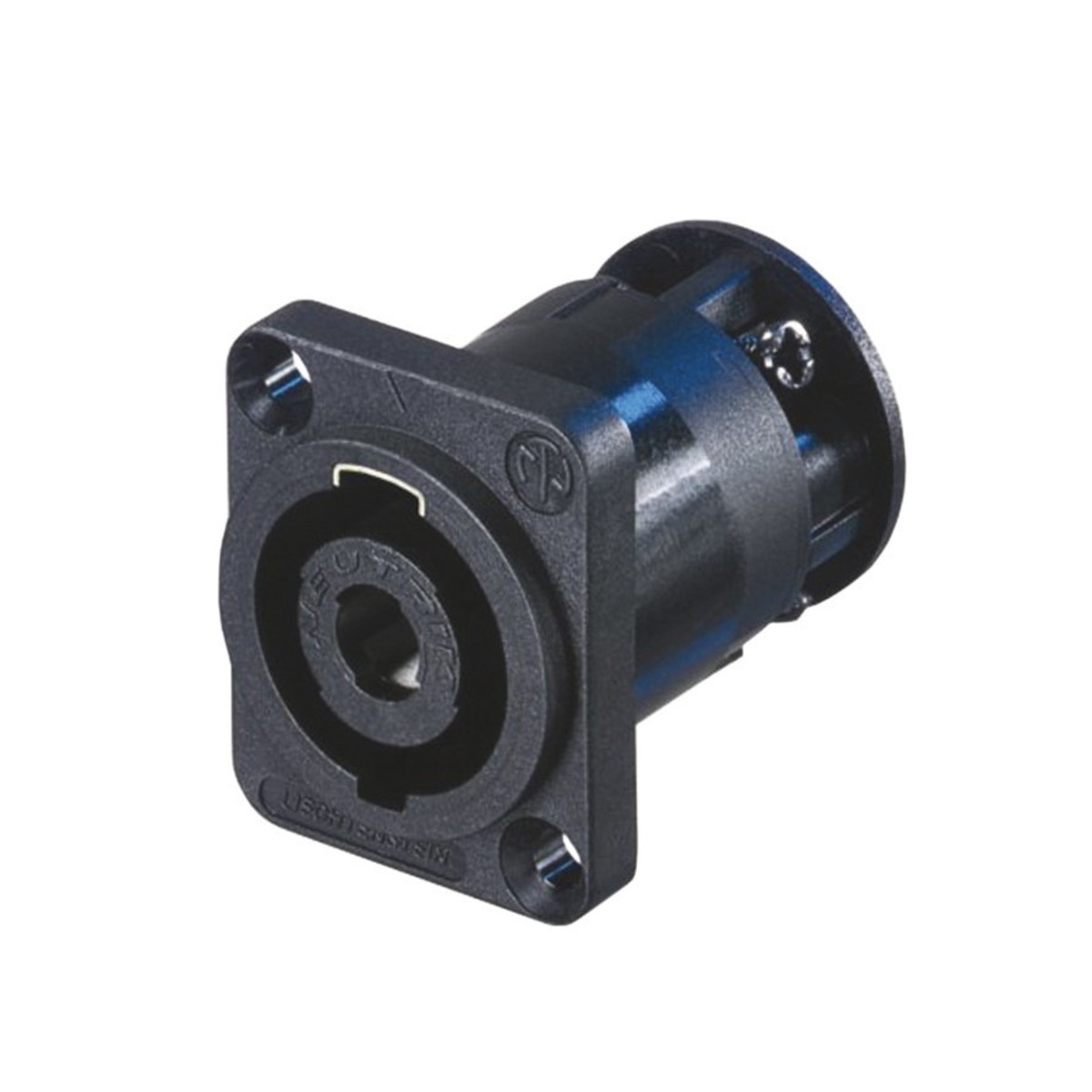 Neutrik NL4MP-ST 4-Polos SpeakON Conector Speakon preto para áudio profissional com inscrições, em fundo branco.