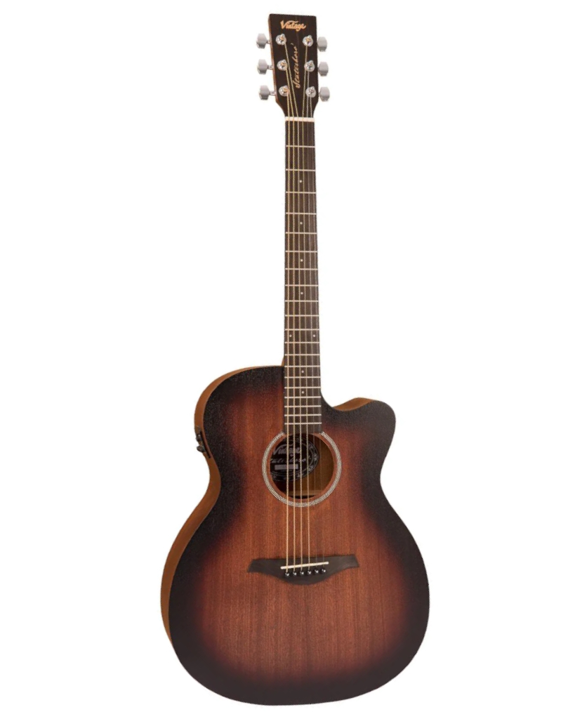 VINTAGE VE660WK Statesboro Orchestra Whisky Sour Guitarra acústica castanha com cabeça marca Vintage e seis cordas