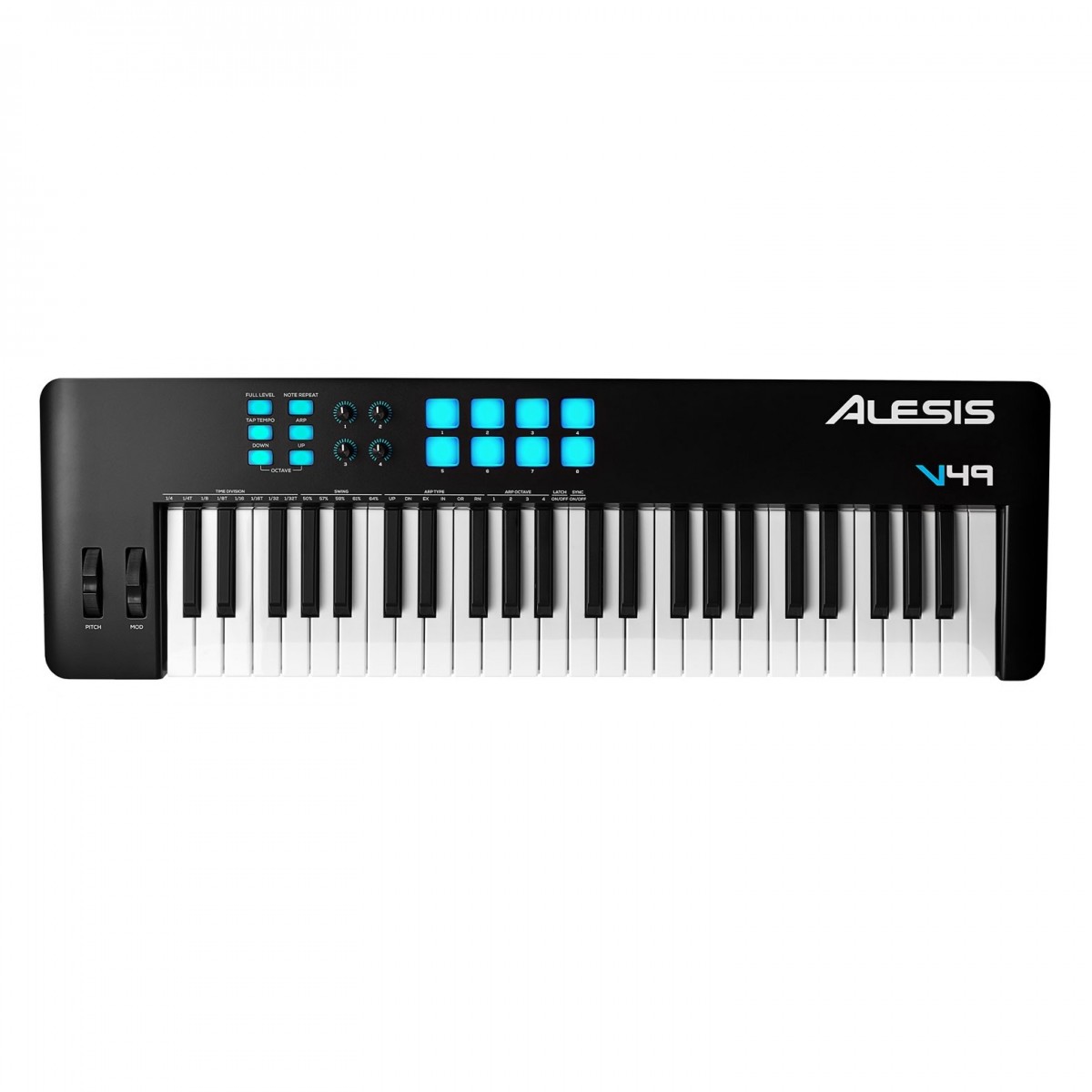 Alesis V49 MKII MIDI Teclado Controlador Controlador MIDI Alesis V49 preto com teclas e botões iluminados