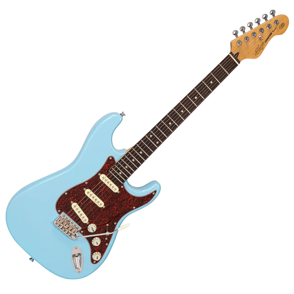 Vintage V60LB Coaster Series Electric Guitar Laguna Blue Guitarra elétrica azul claro com pickguard vermelho marmoreado e braço em madeira clara