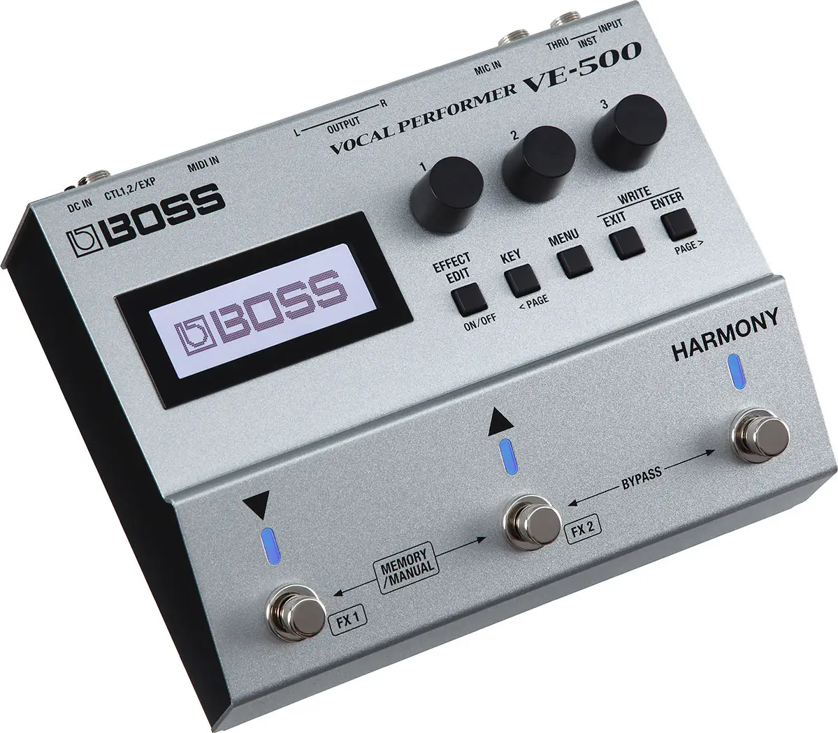 BOSS VE-500 Platinum Processador de Voz Profissional Pedal de efeitos BOSS Vocal Performer VE-500 prateado com botões pretos e LEDs azuis