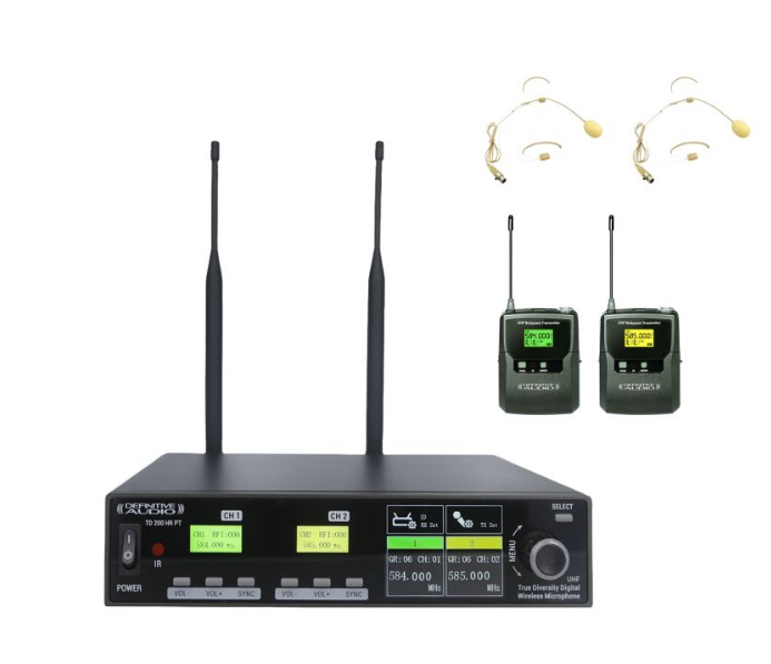 MICROFONE S/FIO DEFINITIVE AUDIO TD 200 HR PT (2 MICROS CABEÇA) Sistema de microfone sem fio com dois transmissores, duas headsets beje e receptor preto com ecrãs digitais