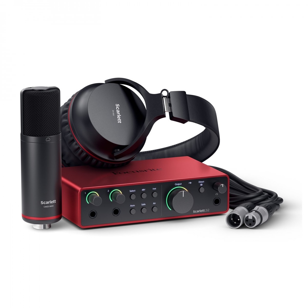 FOCUSRITE Scarlett 2i2 Studio 4th Gen Conjunto de microfone, auscultadores e interface de áudio vermelha com botões e cabos