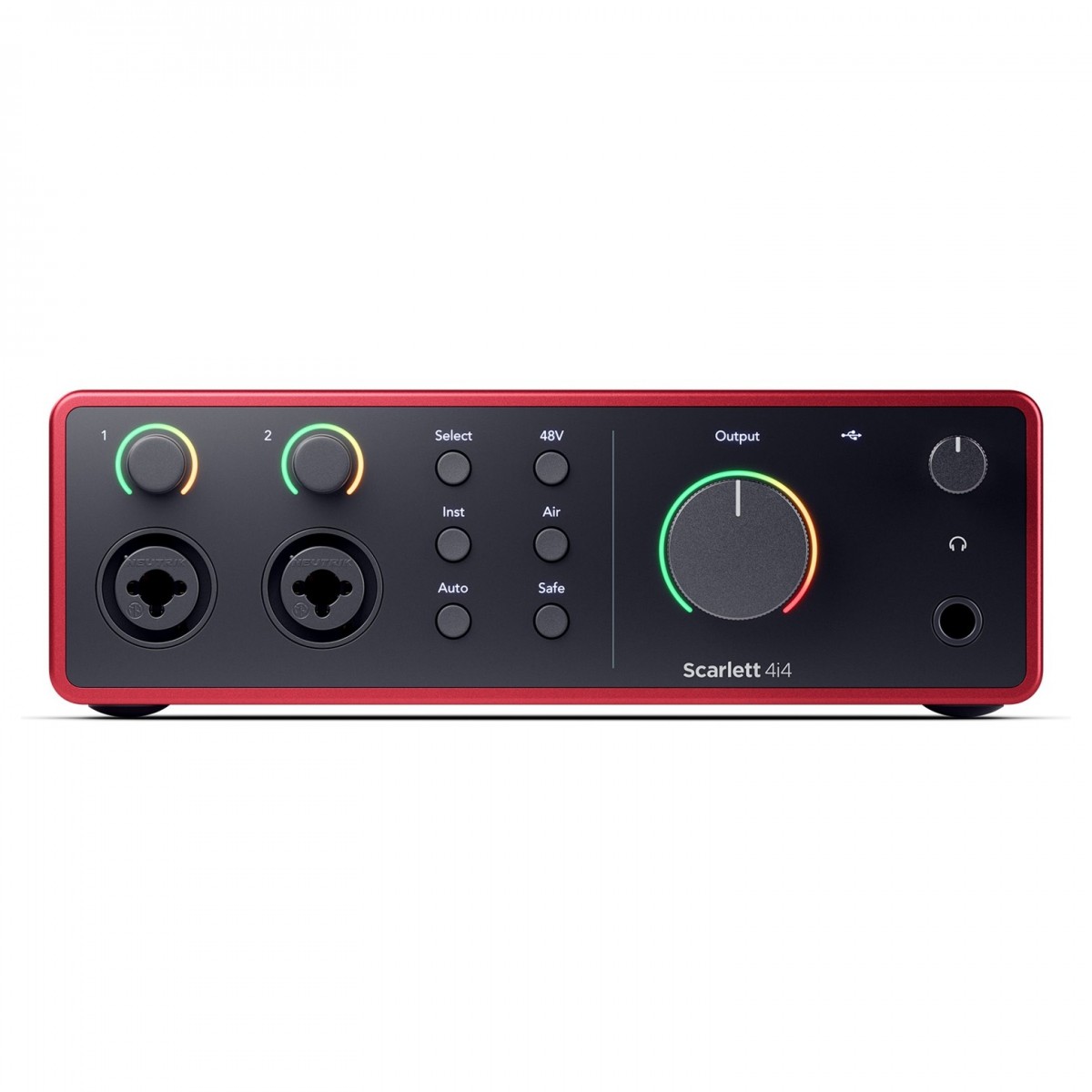 FOCUSRITE Scarlett 4i4 4th Gen Interface de áudio Focusrite Scarlett 4i4 com botões e conectores no painel frontal