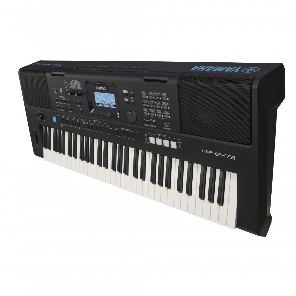 YAMAHA PSR E473 Teclado Portátil Teclado musical preto Yamaha PSR-E473 com 61 teclas, ecrã LCD e botões