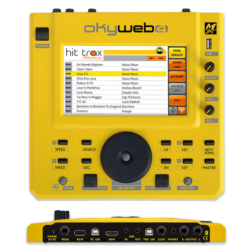 M LIVE OKYWEB 4 - REPRODUTOR/EDITOR MIDI E MP3 Dispositivo de áudio amarelo com ecrã LCD e botões pretos
