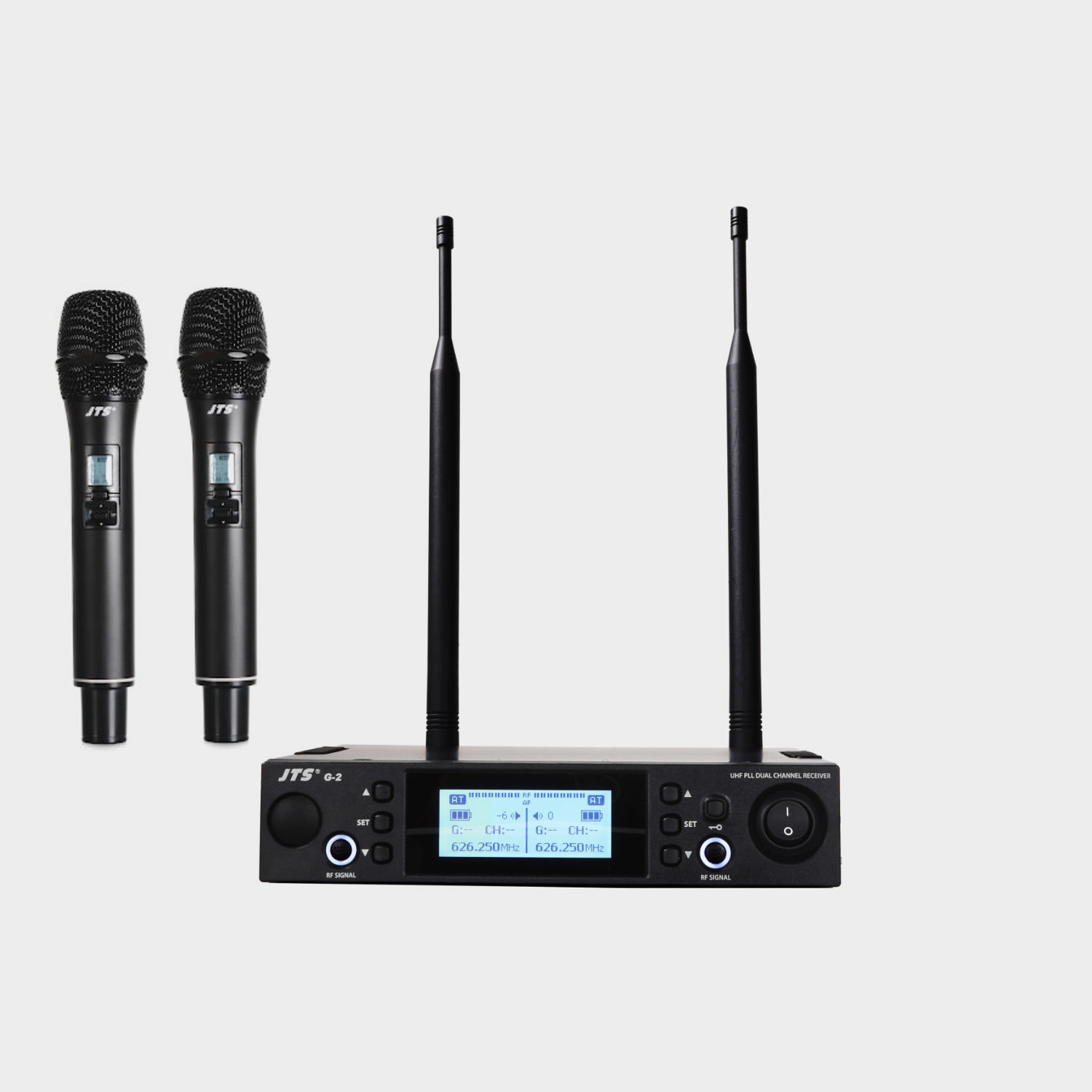 MICROFONE S/FIO+RECEPTOR UHF JTS-G2/G2TH Dois microfones sem fios pretos e unidade receptora preta com ecrã e duas antenas.