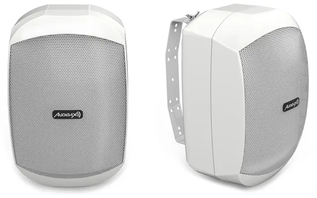 COLUNA PAREDE AUDIBAX OVO 4 PASSIVA WHITE 100V/8OHM (PAR) Par de colunas de som brancas com grelha metálica cinza claro e suporte metálico