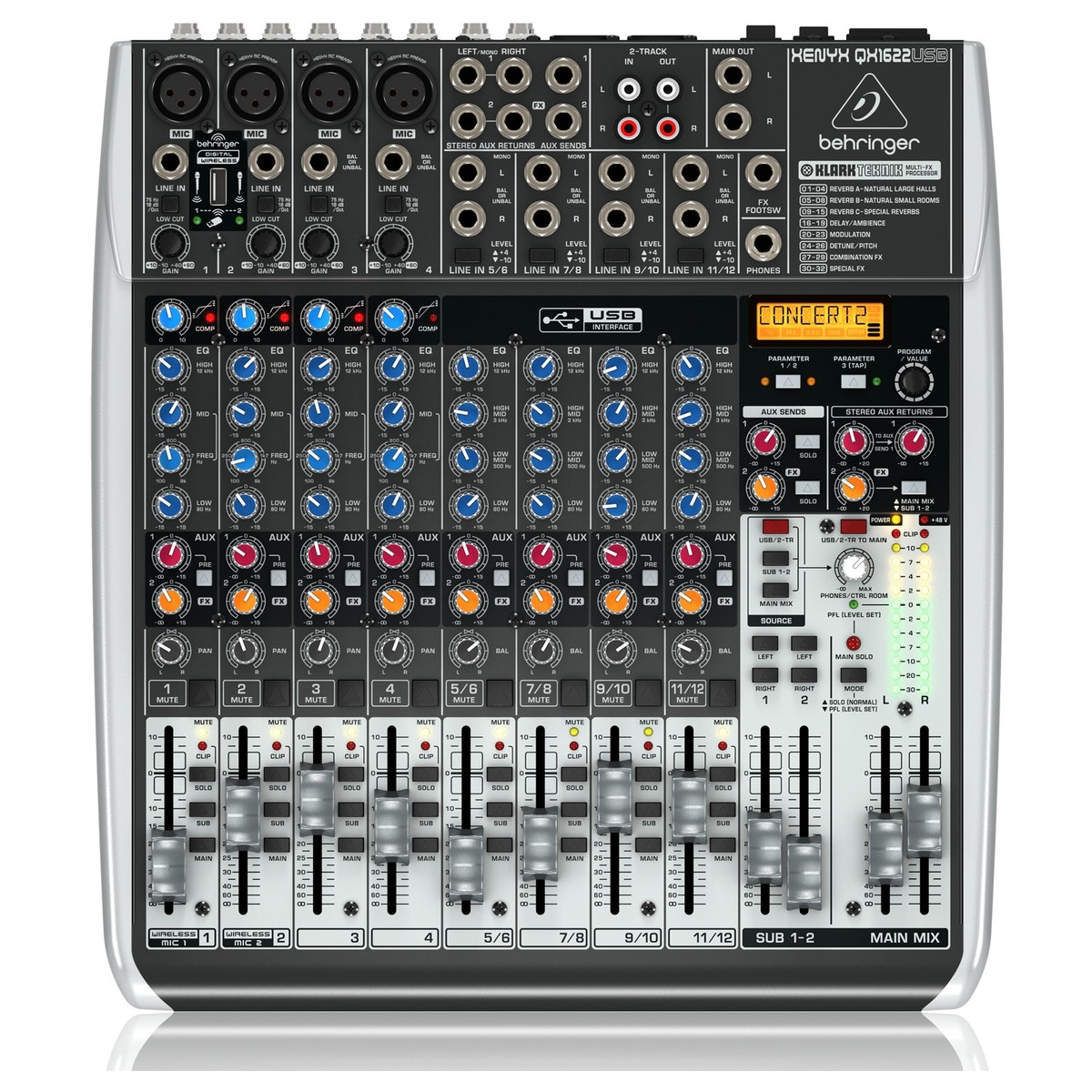 BEHRINGER XENYX QX1622USB Mesa de mistura BEHRINGER XENYX QX1622USB com várias entradas e botões coloridos