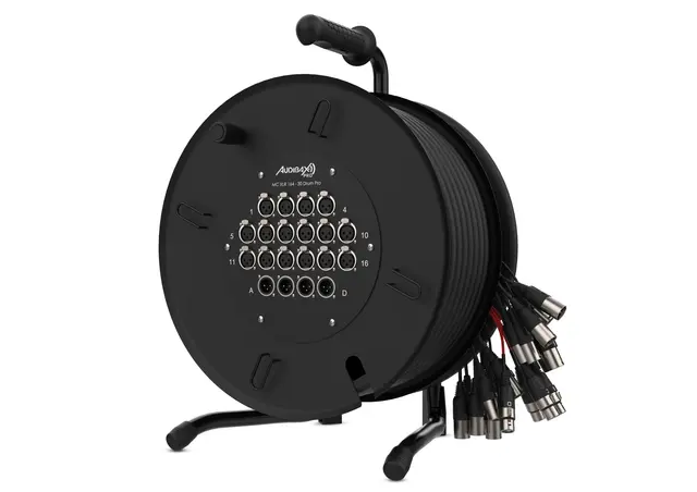MULTICORE AUDIBAX PRO MC XLR 164 30M DRUM PRO 16 ENTRADAS E 4 SAIDAS XLR Carretel preto de cabos com conexões XLR e suporte de transporte