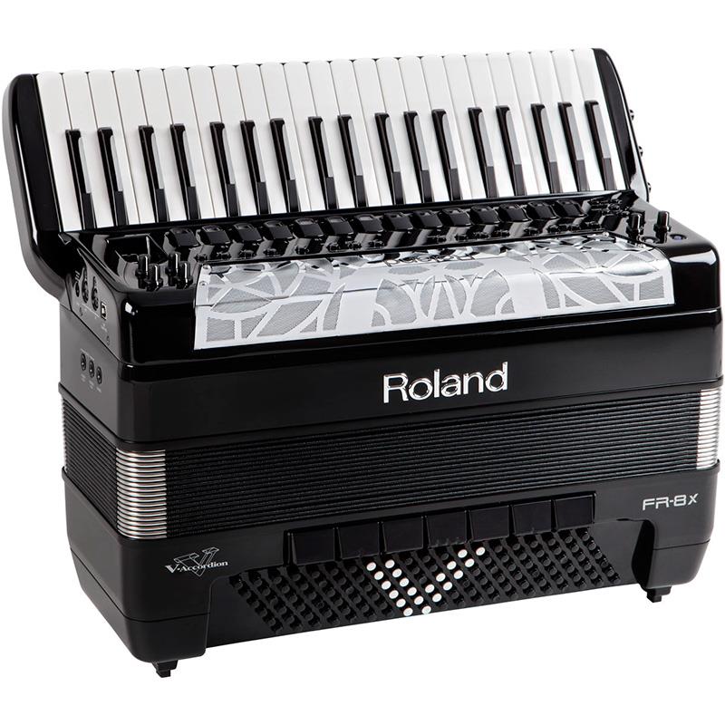 ROLAND FR8X PRETO Acordeão Roland FR-8X preto com teclas e padrões cinzentos e brancos