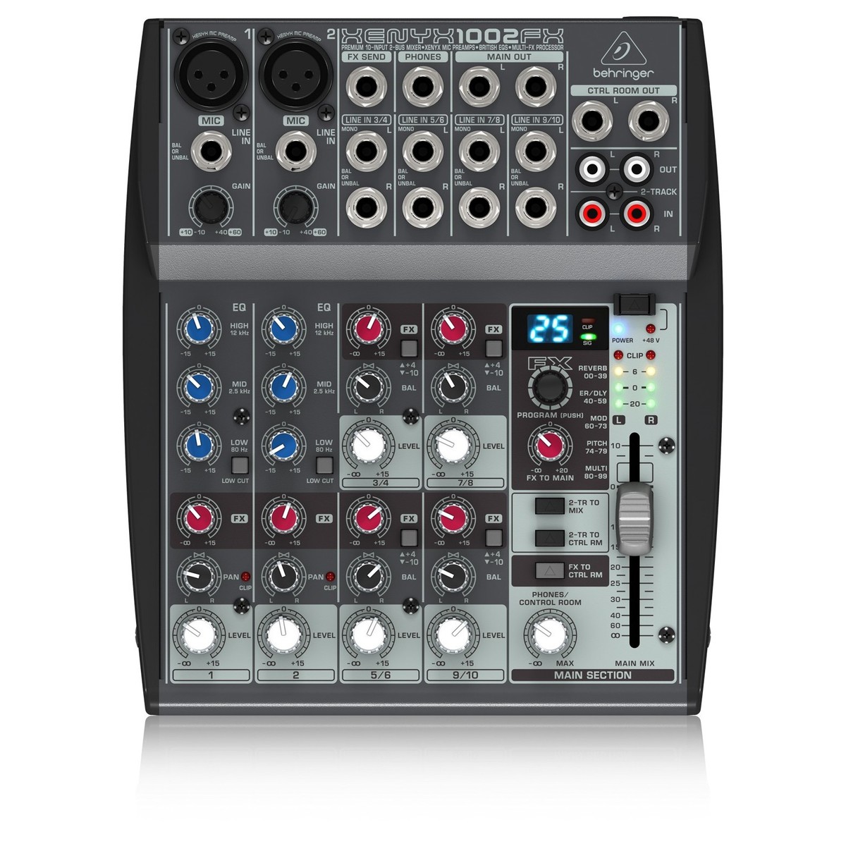 Behringer Xenyx 1002FX Mesa de mistura sonora Behringer XENYX 1002FX preta com botões coloridos