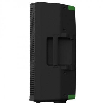 Coluna de som preta com alça e detalhes verdes