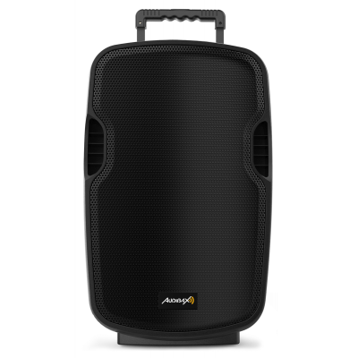 Coluna de som preta portátil com pega telescópica e rodas