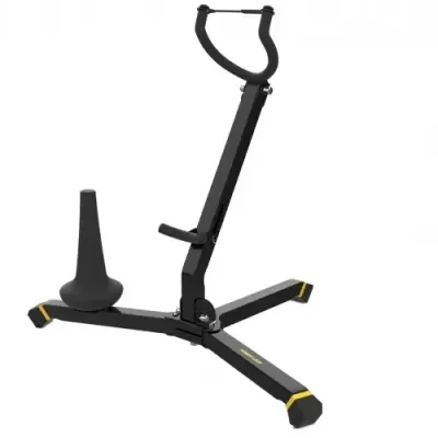 Suporte para saxofone preto com apoios de borracha e detalhes amarelos