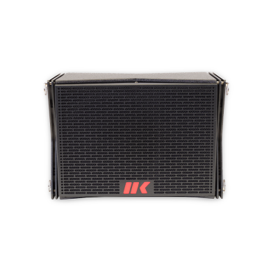 Coluna de som preta com grelha frontal e logótipo vermelho IK