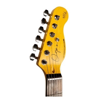 Cabeça amarela de guitarra elétrica com cravelhas cromadas e texto RAFFI