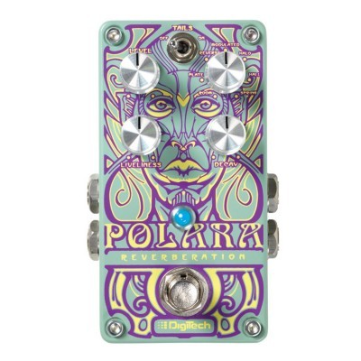 Pedal Digitech Polara Reverb verde claro com desenho roxo e amarelo e botões prateados