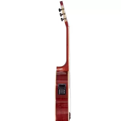 Guitarra acústica castanha vista de perfil