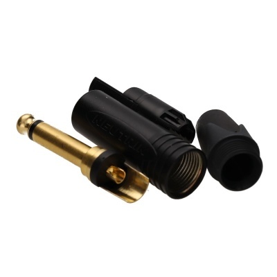 Conector de áudio metálico dourado com corpo preto desmontado
