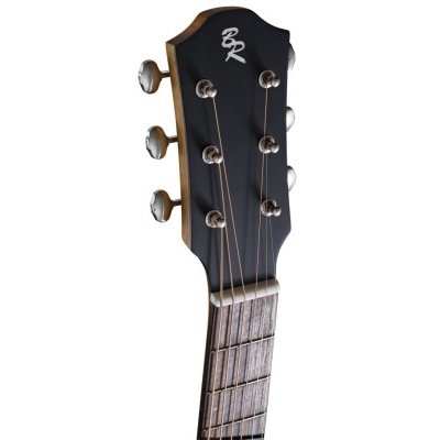 Cabeça de guitarra acústica em madeira preta com cravelhas metálicas e logótipo BR