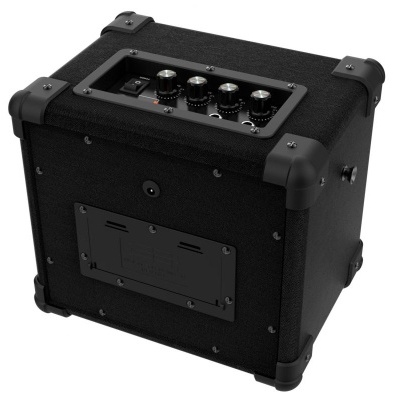 Amplificador de som preto com botões no topo