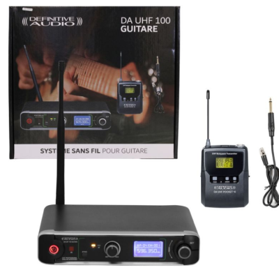 Sistema sem fios para guitarra DA UHF 100 Definitive Audio com transmissor, recetor e cabo de áudio