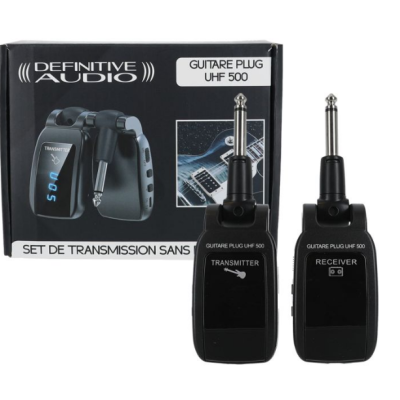 Conjunto de transmissão sem fios Definitive Audio para guitarra com transmissor e recetor pretos e caixa preta