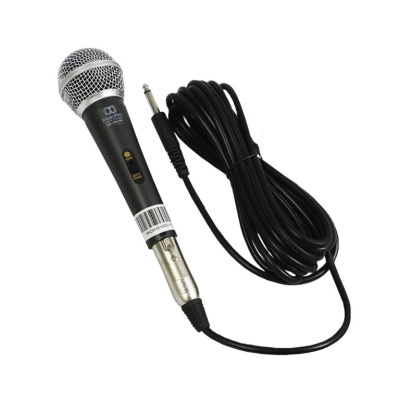 Microfone dinâmico preto com cabo longo e conector jack