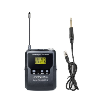 Transmissor portátil UHF preto Definitive Audio com cabo de conexão preto ecrã amarelo