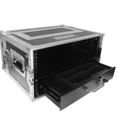 Estojo de transporte rígido preto e metálico com gaveta acolchoada aberta.