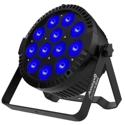 Projetor LED preto com 12 LEDs azuis, suporte de metal ajustável e texto branco 'AUDIOMAX DALLAS 72 RGBW'