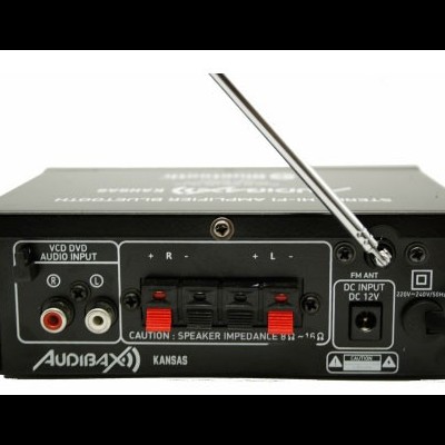 Amplificador de áudio preto Audiomax Kansas com entradas RCA e terminais para colunas