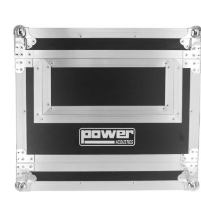 Mala rígida preta e prateada com logo power ACOUSTICS