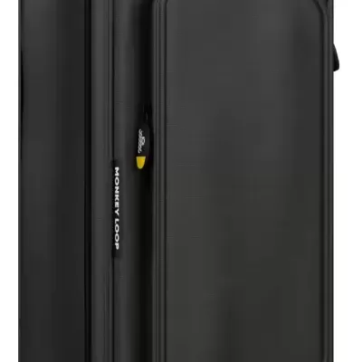 Mala de viagem rígida preta com duas secções frontais e etiquetas MONKEY LOOP