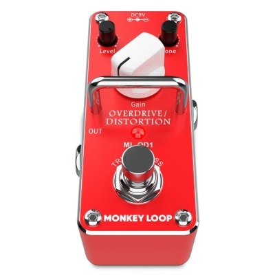 Pedal de guitarra vermelho com botões e texto branco