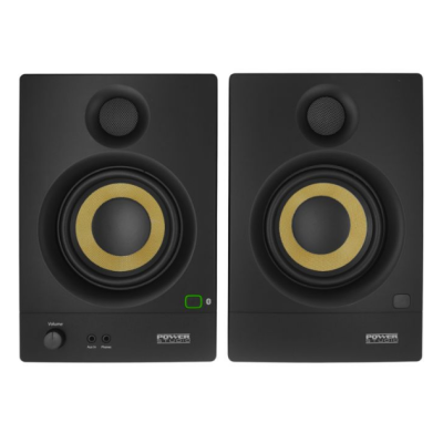 Par de colunas de som pretas com cones amarelos e botões frontais