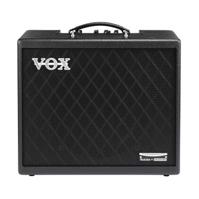 Amplificador de guitarra VOX preto com padrão de losangos e etiquetas Nutube & Celestion.