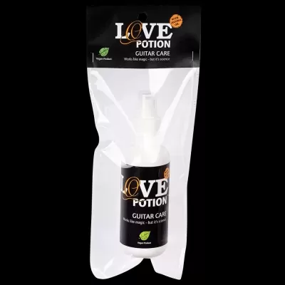 Embalagem preta de produto Love Potion Guitar Care para guitarras com selo Vegan Product