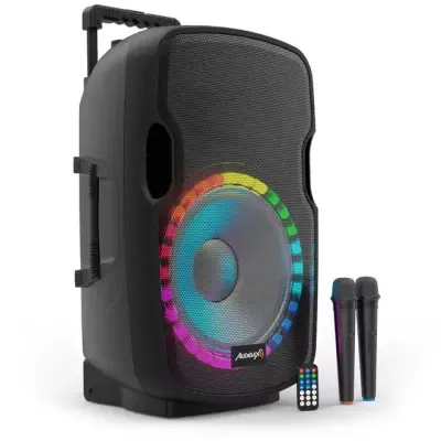 Coluna de som preta com iluminação LED colorida, dois microfones e comando remoto.