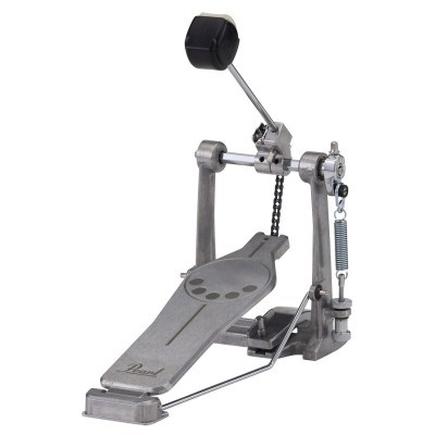 Pedal de bumbo para bateria Pearl em metal prateado com batente preto