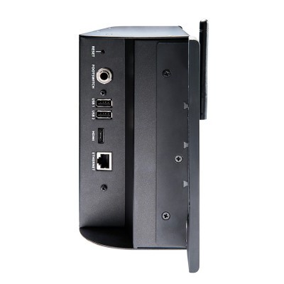 Painel lateral de dispositivo eletrónico preto com portas USB, Ethernet e áudio