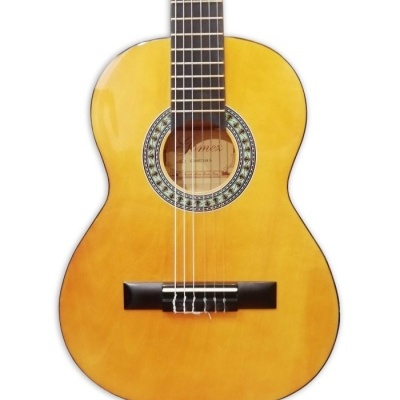 Guitarra clássica em madeira cor de mel com seis cordas e roseta decorativa