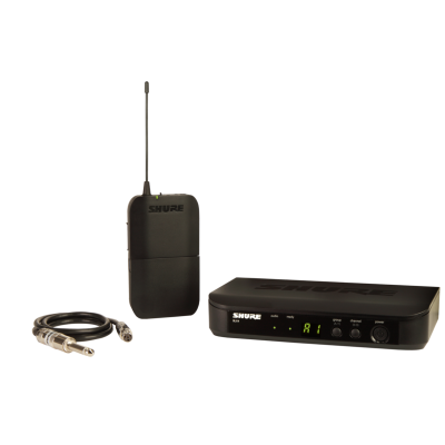 Conjunto microfone sem fios Preto SHURE com transmissor, receptor e cabo.