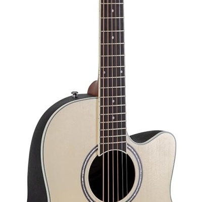 Guitarra acústica Applause em madeira clara e pretas com seis cordas