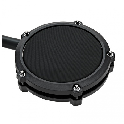 Microfone pop filter circular preto com textura de tela fina e parafusos prateados