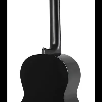 Violão clássico preto visto de costas em fundo branco