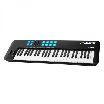 Controlador MIDI Alesis V49 preto com 49 teclas e pads azuis