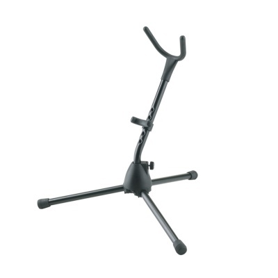 Suporte para guitarra preto com pernas dobráveis em fundo branco